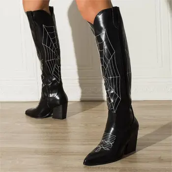 IPPEUM, черные ковбойские сапоги до колена, женские ковбойские сапоги с острым носком на массивном каблуке, украшенные ковбойками в стиле Вестерн