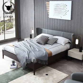 Современная минималистская двуспальная кровать из массива дерева Итальянская минималистская главная спальня с кожаным изголовьем и мебелью из воловьей кожи
