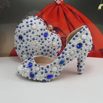 Модные свадебные туфли с белым и синим жемчугом в паре с сумочкой невесты на высоком каблуке модные туфли и сумочка в комплекте обувь с рыбьим ртом