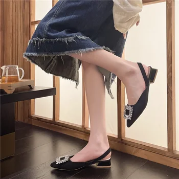 Женская обувь 2023 года, босоножки на высоком каблуке, модные офисные и карьерные босоножки с квадратными пуговицами и кристаллами, сексуальные сандалии с острым носком