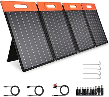 Портативная Солнечная панель, Монокристаллическое Солнечное Зарядное Устройство с Регулируемой подставкой, Тип C, DC 18V, Порты USB QC3.0 для электростанции